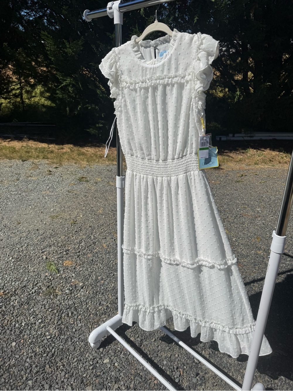 CeCe White Ruffle Swiss Dot Midi Dress